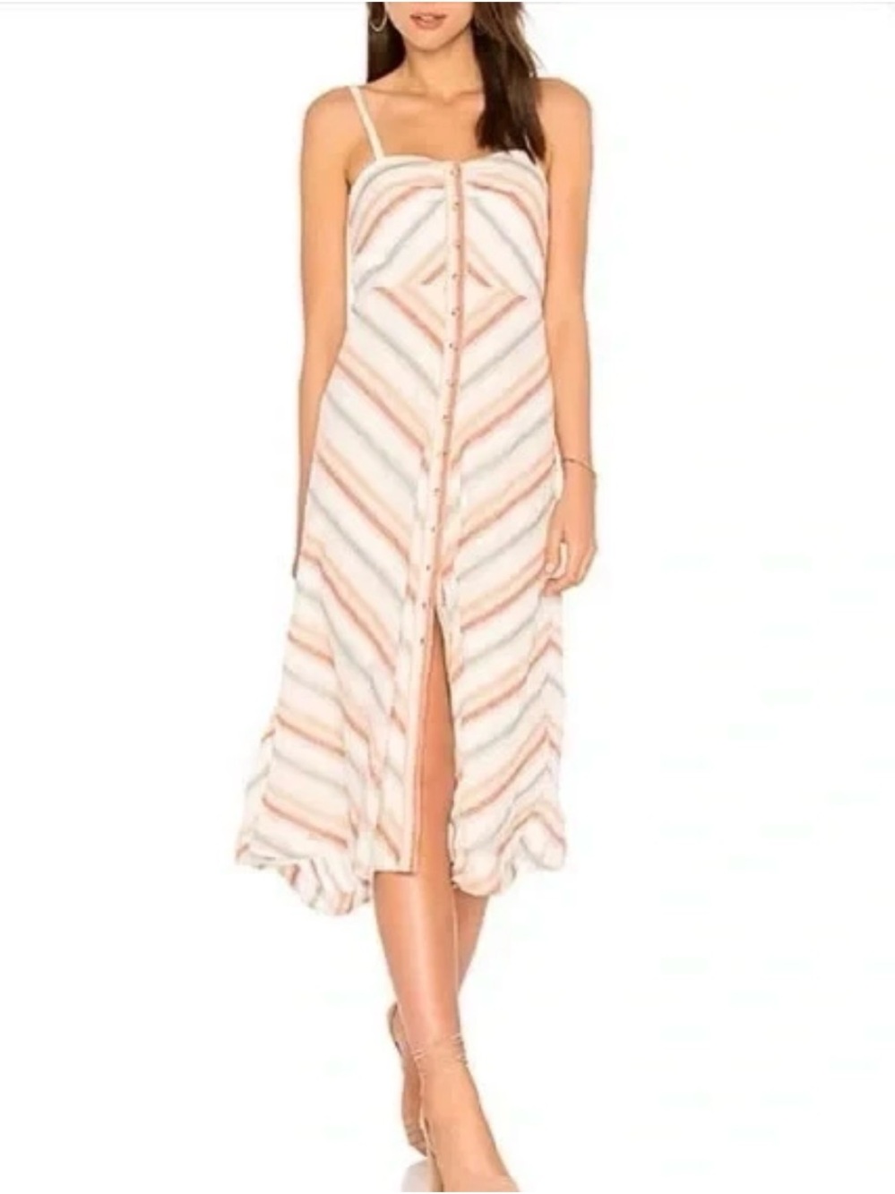 Striped Button-Front Midi Sundress in Peach & Cream FREE PEOPLE